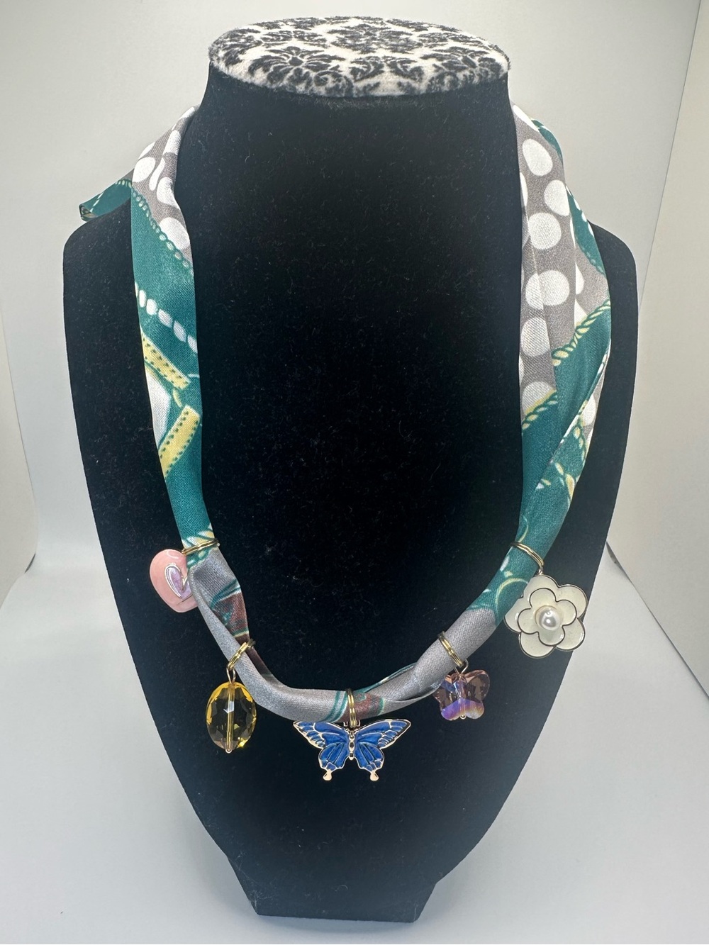 Handmade Scarf Necklace with Butterfly Charms and matching Earrings